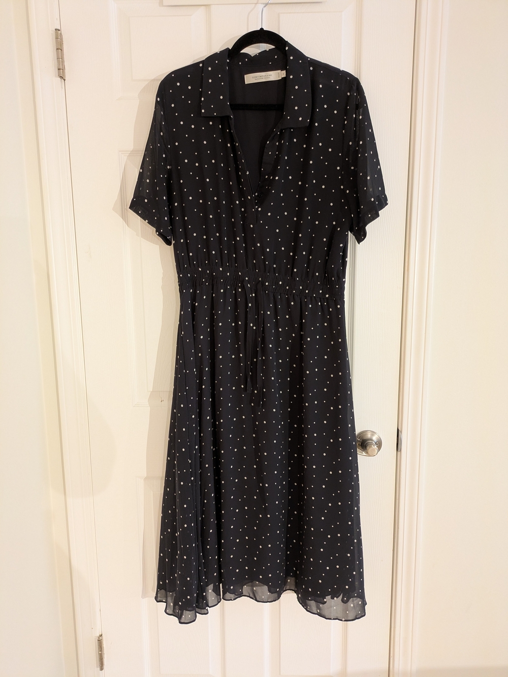 Simons Navy Polka Dot Midi Shirt Dress with Elastic Waist